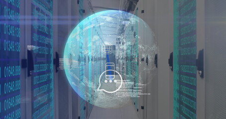 Displaying hologram globe with phone network icon, code in data center corridor with blinking racks