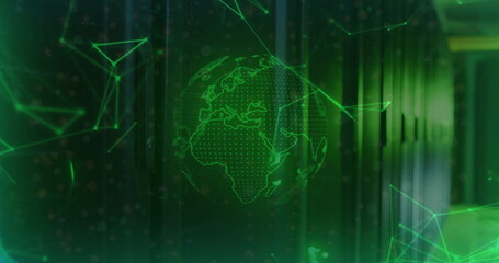 Holographic digital globe glowing in data center corridor, with server racks and network nodes