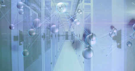 Revealing aisle showing racks with indicators in data center corridor, with glowing network spheres