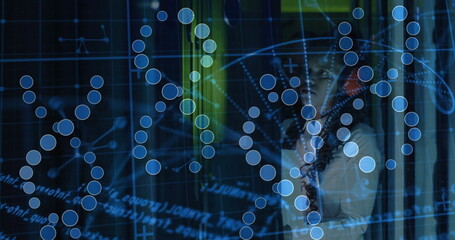Analyzing woman in white blazer using interface and holographic nodes in tech lab, copy space