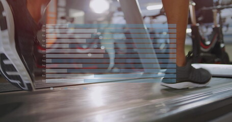 Running gym-goer wearing athletic shoes on treadmill belt at fitness center, with bar chart overlay