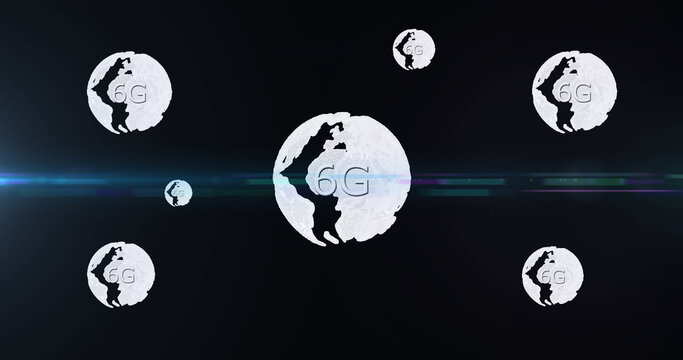 Displaying stylized 6G globe icons on dark gradient background, with multicolored light streak
