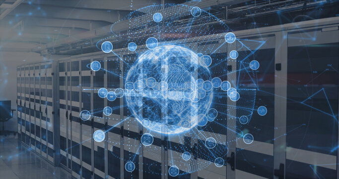 Floating sphere mapping network nodes inside data center, with server cabinets or switches or trays 