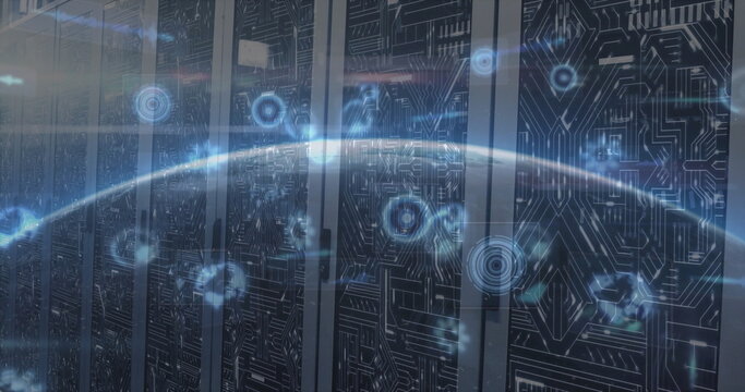 Rendering server racks with circuit overlay, and floating network nodes lining server room aisle