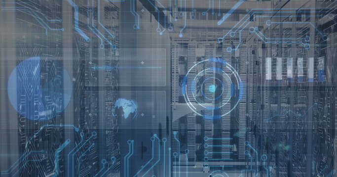 Server racks displaying circuit overlay in data center aisle, with cables, LEDs, HUD globe icon