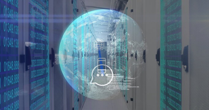Displaying hologram globe with phone network icon, code in data center corridor with blinking racks