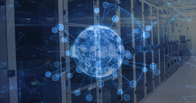 Projecting holographic globe with network nodes in data center corridor, with server racks and LEDs