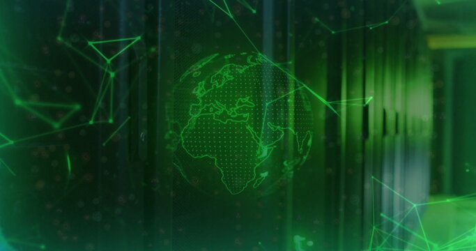 Holographic digital globe glowing in data center corridor, with server racks and network nodes