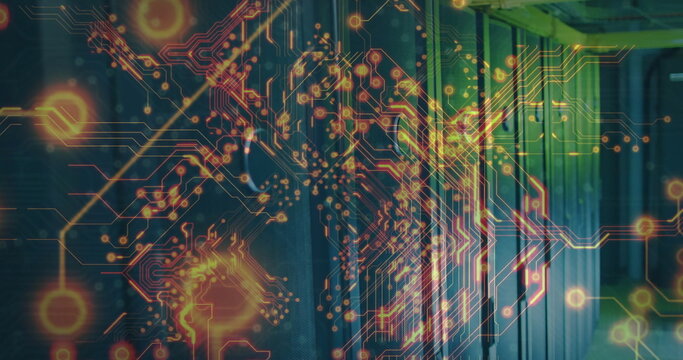 Displaying digital circuit overlay pulsing through data center corridor, with server racks, cables