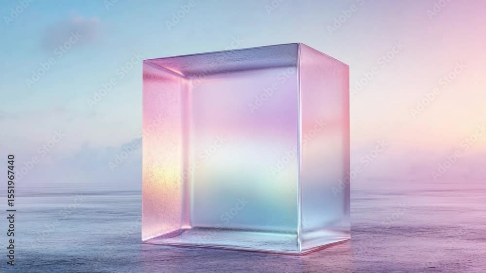 Aufkleber Geometric Gem: An artistic glass cube set against a gradient sky, with a soft, elegant color palette. The cube’s transparent form reveals a mesmerizing display of light and reflection.