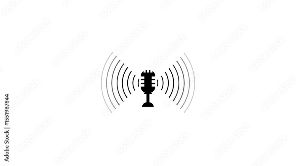 Poster animated black microphone with sound waves against white background for communication and audio proj