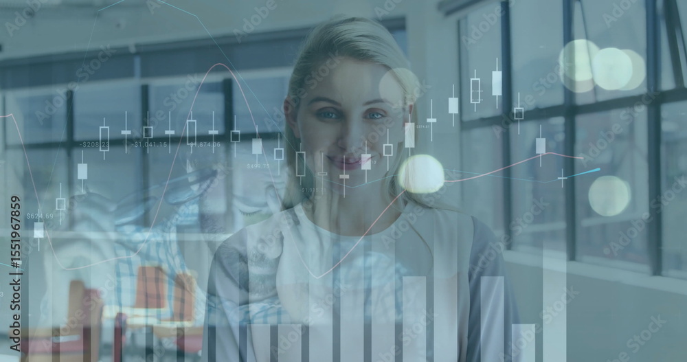 Aufkleber smiling executive projecting candlestick data on industrial windows, showing line and bar charts
