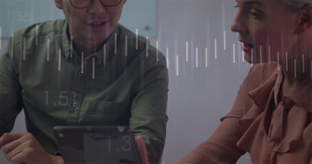 Professionals in business attire analyzing metrics on tablet in meeting room, with waveform graphic