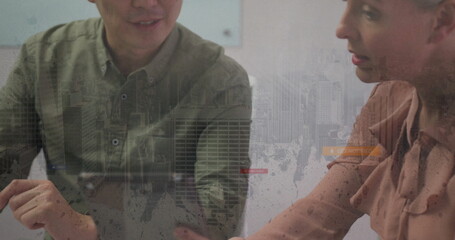 Discussing bar charts colleagues wearing business attire at meeting table, with skyline overlay