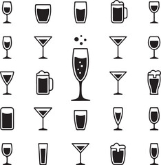 Beverage icon set. Drinks icon set. Containing water, coffee, tea, drinking, glass, soda, cocktail, bottle, wine, beverage and more. Editable stroke. Vector illustration
