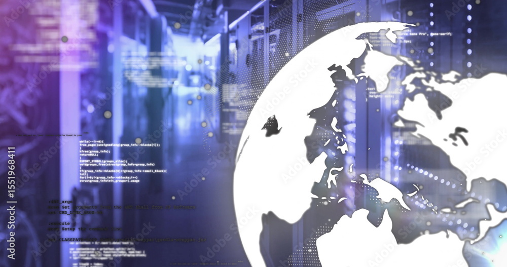 Poster projecting white globe hovering over racks in data center corridor, blinking leds and floating code