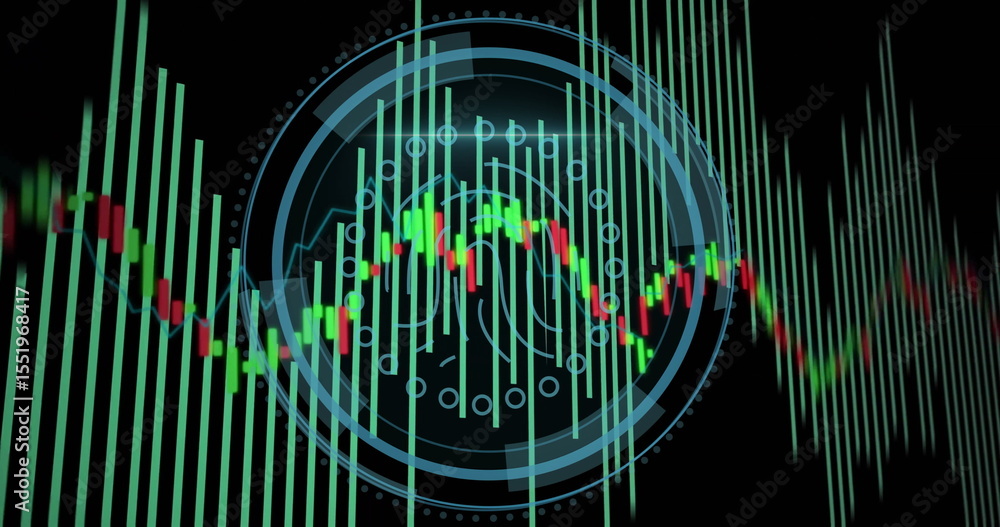 Poster displaying financial data graphic in virtual dashboard, with candlestick bars and circular graphics