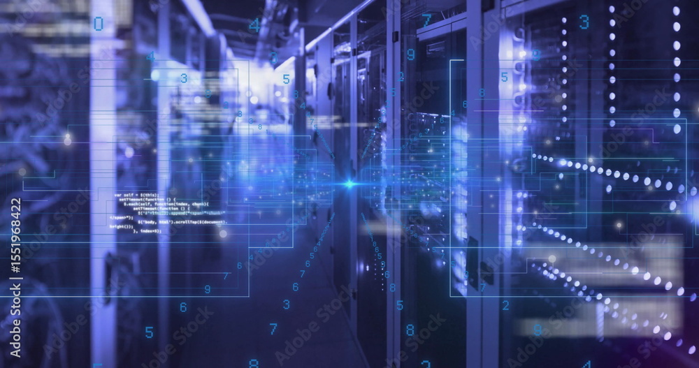 Poster displaying server racks streaming data in server room corridor, with circuit overlays