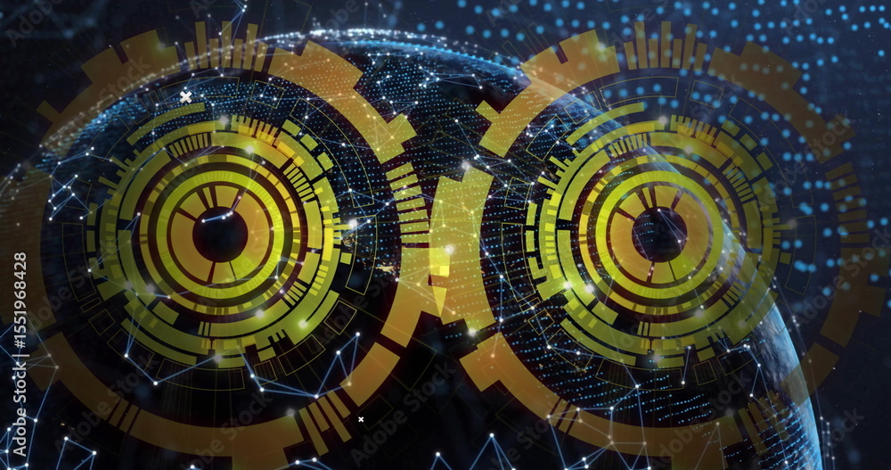 Poster showing two concentric hud elements around globe in virtual space, with network nodes and data bars