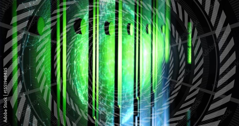 Poster glowing green sphere hovering in holographic interface with vertical bars and circuit gridlines