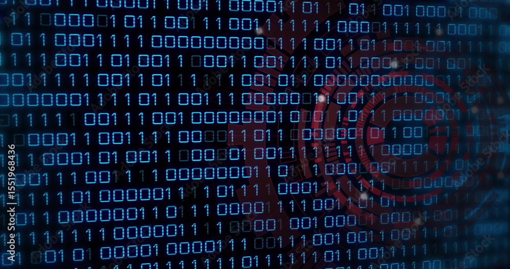 Poster Scrolling blue binary digits revealing red target graphic on computer screen, with dark backdrop