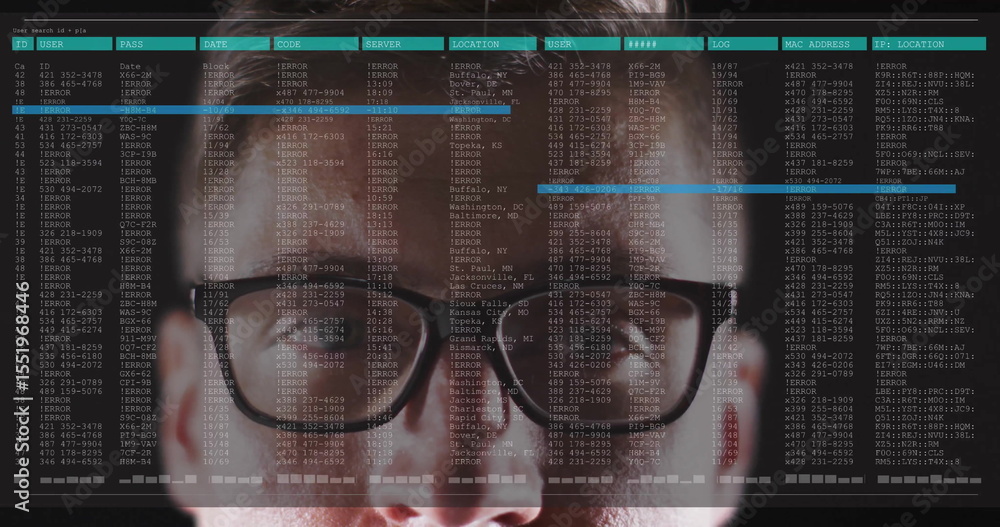 Poster scanning it analyst examining logs at control room, with code overlay and eyeglasses reflection