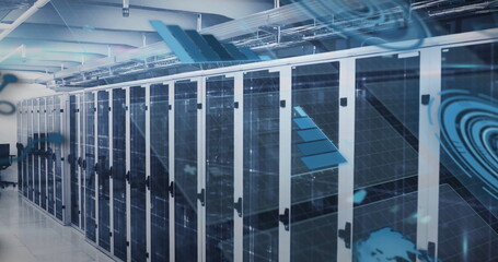 Showing data center corridor with illuminated server racks, overhead cable trays, digital overlays