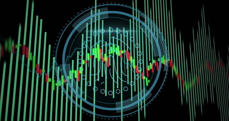Displaying financial data graphic in virtual dashboard, with candlestick bars and circular graphics