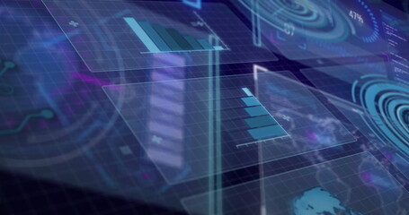 Displaying panels in digital space, with grid overlays, dials, maps, % readouts and neon connectors