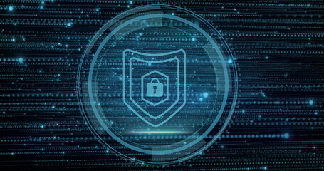 Displaying glowing shield emblem flashing in data network, with padlock icon and binary streams