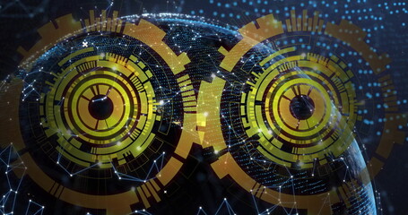 Showing two concentric HUD elements around globe in virtual space, with network nodes and data bars