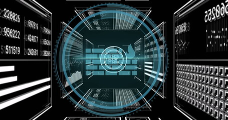 Central holographic interface pulsing in virtual hub with numeric panels, graphs and grid matrices