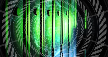 Glowing green sphere hovering in holographic interface with vertical bars and circuit gridlines