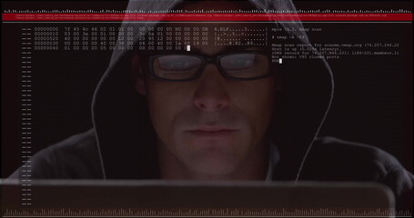Hooded man scanning network data in dim room, with laptop hex dump overlay and measurement marks