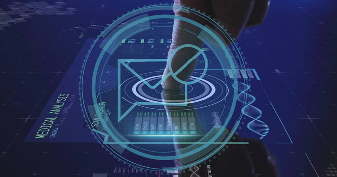 Manipulating holographic interface at medical lab using fingertip, data charts and DNA helix