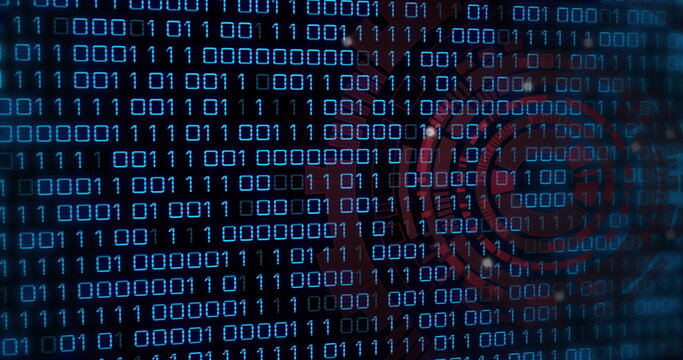 Scrolling blue binary digits revealing red target graphic on computer screen, with dark backdrop
