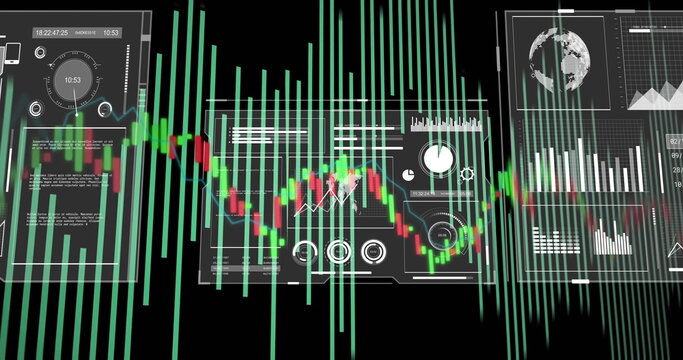 Displaying financial data visualization on digital dashboard, with candlestick chart and line graph