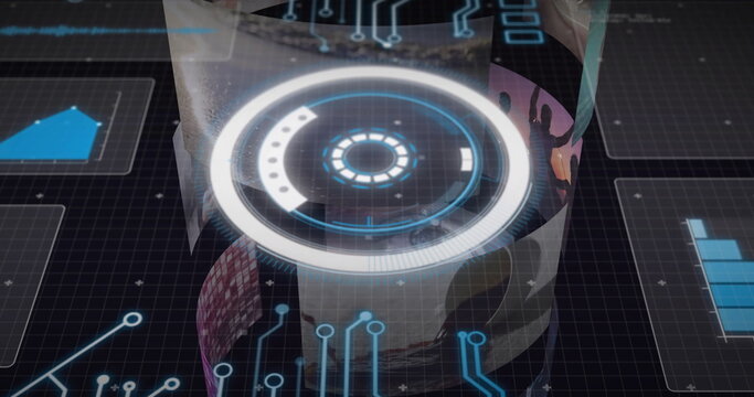 Rotating holographic cylinder showing rings on grid with panels showing house icon blue bar chart