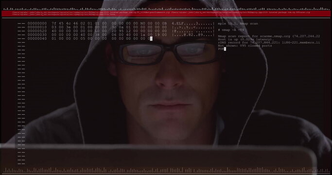 Hooded man scanning network data in dim room, with laptop hex dump overlay and measurement marks