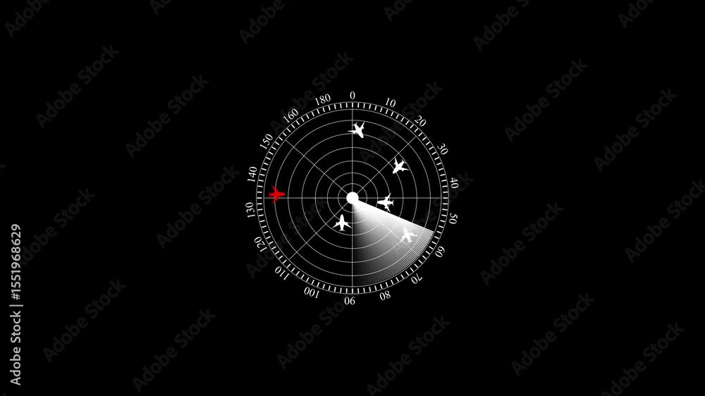 Poster simulated radar display shows aircraft signals moving across circular screen. visual represents air 