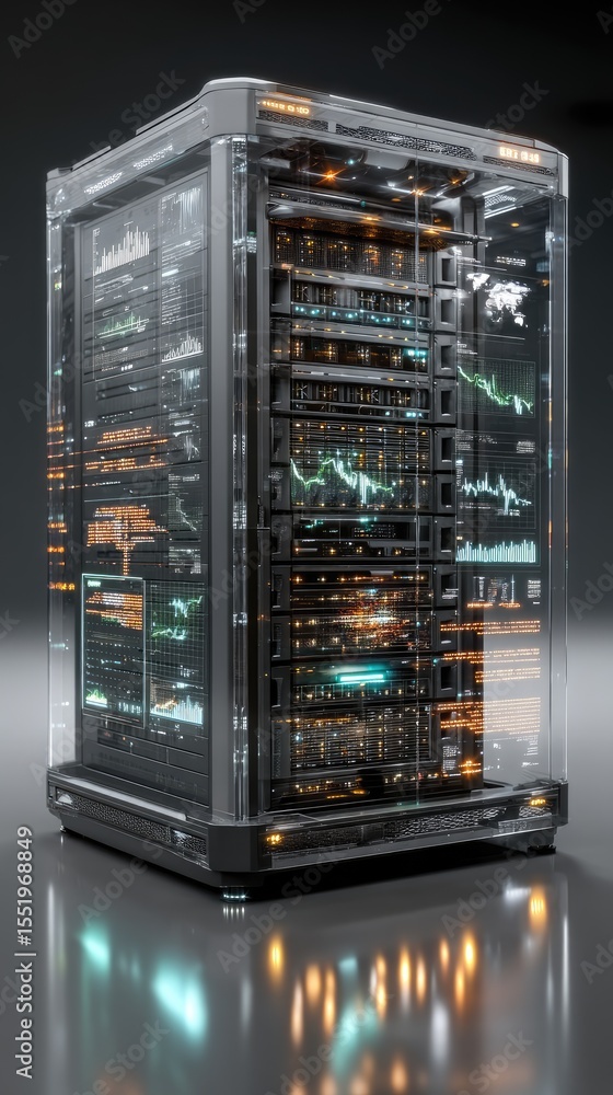 Poster high tech data server visualization: glowing internal components in transparent glass enclosure