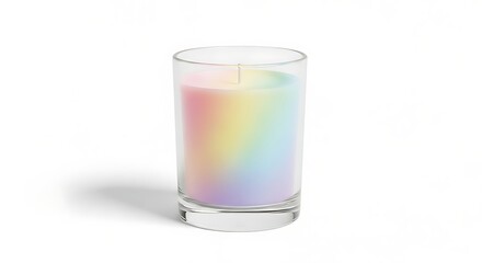 Pastel rainbow candle in glass holder on white background