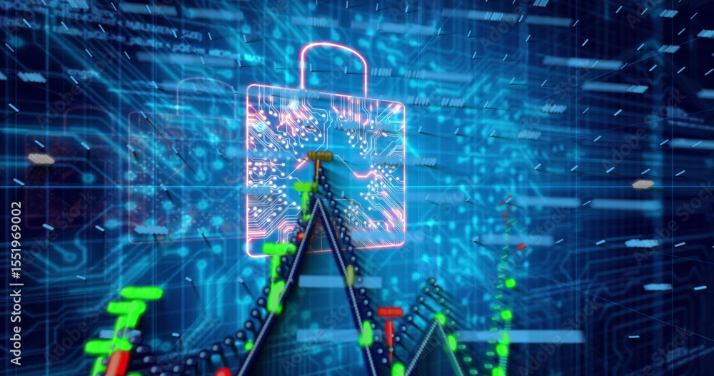 Poster hovering neon padlock glimmering above candlestick chart on circuit board, streaming data particles