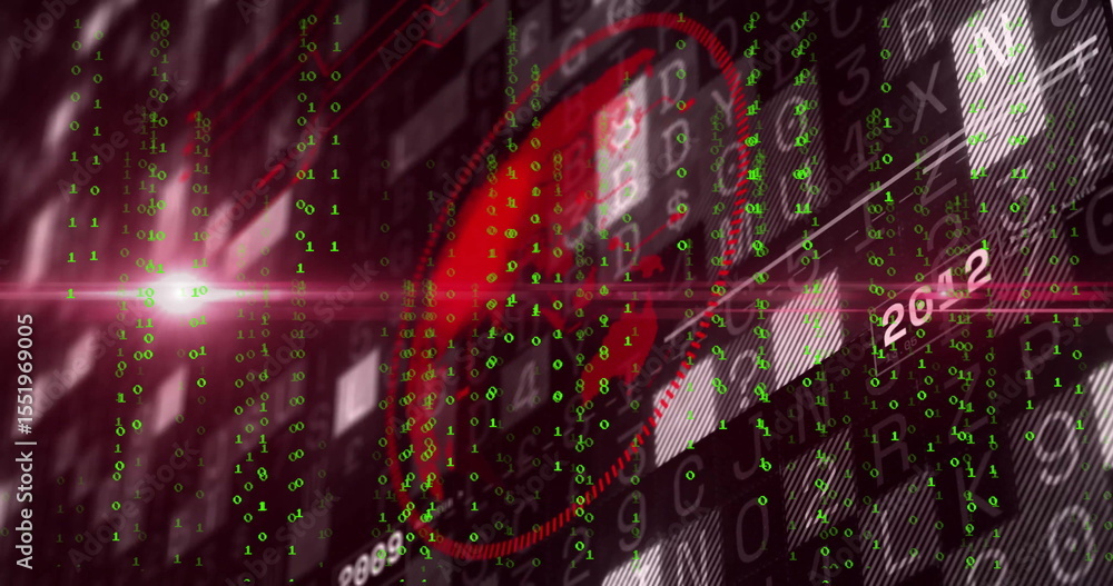 Aufkleber red circular reticle scanning grid panels in interface, with green binaries and diagonal streaks