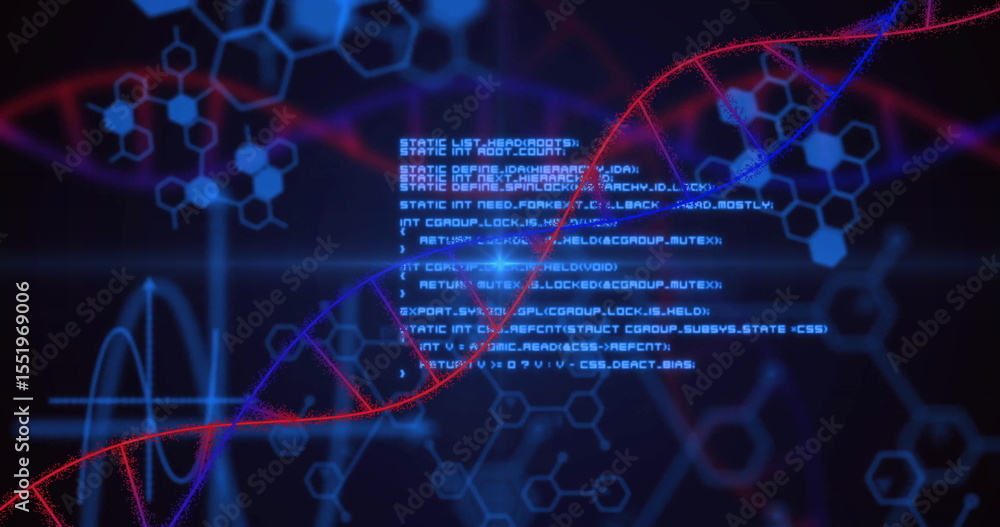 Poster twisting red-blue dna helix floating in digital panel, with code molecular hexagons waveform graph