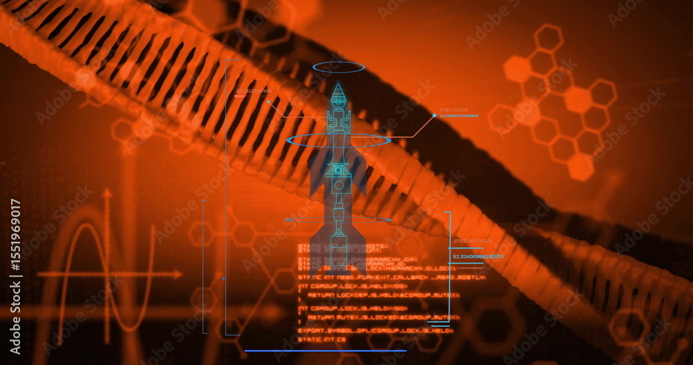 Poster displaying rocket schematic blueprint floating in virtual interface rings, with dna-like helix coil