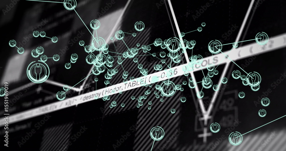 Poster displaying holographic turquoise network nodes linking gray panels in interface, showing code strip