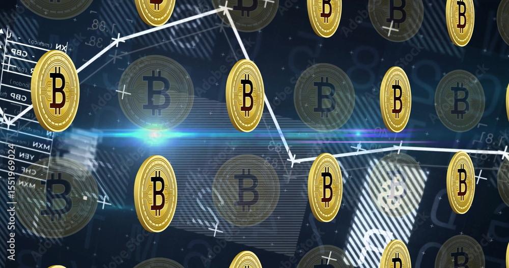 Poster floating gold bitcoin coin spinning in online market feed, with numeric data and graph connectors