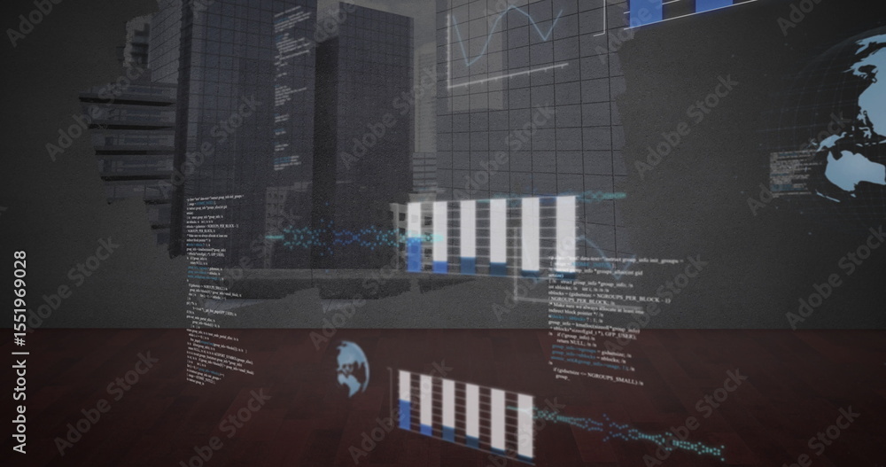 Poster projecting holographic data in dark room, with 3d building, floating code, charts and world map