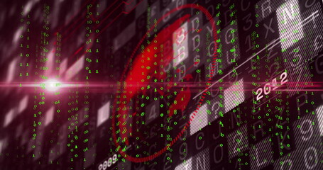 Red circular reticle scanning grid panels in interface, with green binaries and diagonal streaks